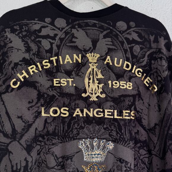 Christian Audigier Shirt Mens XL Thermal Skull Rose Rhinestone Y2K Tattoo NEW - Picture 8 of 16